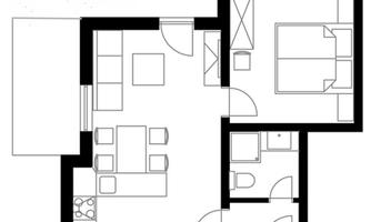 A floor plan of a small living space with a living room, a kitchen, a bedroom, and a bathroom. The rooms are clearly structured and functionally drawn.