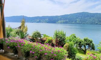 A beautiful view of a calm lake, surrounded by green hills. Colorful flowers in pots adorn the balcony.