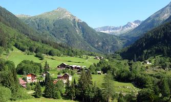A picturesque Alpine landscape with lush meadows and gentle hills. In the background, powerful mountains and a clear blue sky can be seen.