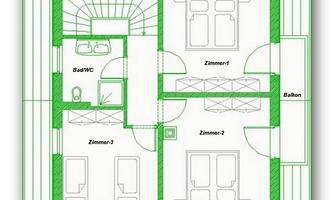 A floor plan for the attic with three rooms, a bathroom, and a balcony. The rooms are clearly arranged, and the labels are clearly visible.