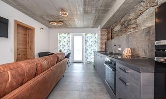 A modern kitchen unit with an elegant sofa in the living room. Large windows with curtains provide plenty of daylight.
