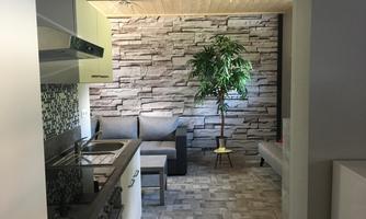 A modern kitchen unit with a cozy living area in the background. A plant stands against a decorative stone wall.
