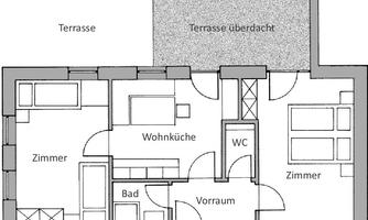 A floor plan sketch of a living space with several rooms, a living kitchen, and a bathroom. In addition, a terrace and a covered terrace are indicated.
