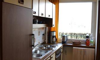 A small, well-equipped kitchen with wooden cabinets and modern appliances. Light shines on the countertop through the window, and the terrace is visible.