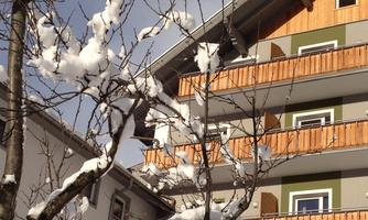 A building with wooden balustrades and several windows, surrounded by snow-covered branches. The sky is clear and the scene conveys a wintry mood.