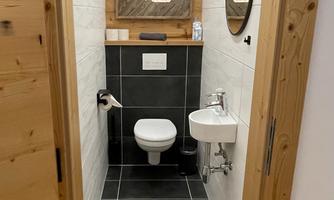 A modern bathroom with light wood and elegant tiles. It features a toilet and a small sink.
