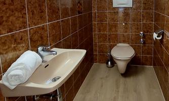 A modern bathroom with brown tiles and a light wood floor. There is a sink with a towel and a toilet.