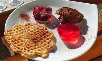 A plate with waffles, fruit jelly, and chocolate mousse. Colorful desserts on white dishes.