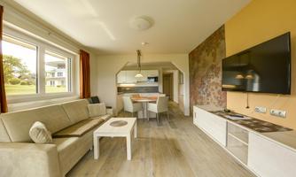 A modern apartment with a bright living room featuring a cozy sofa and a television. In the background, there is a dining area with a kitchenette.