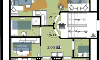 A floor plan of an apartment building with several rooms. The layout shows an open design with bedrooms, bathrooms, and a balcony.