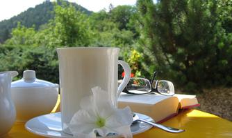 A cup of coffee on a table in nature, surrounded by trees. An open book and a pair of glasses are lying next to it.