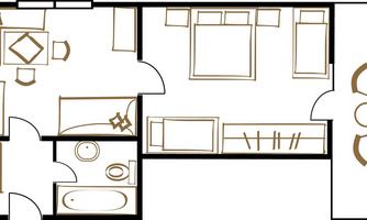 A simple room layout with different areas, including a living room, a bedroom, and a bathroom. The sketch shows furniture arrangements and areas for use.