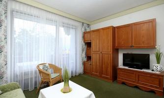 A cozy living room with a green sofa, a wicker chair, and a television. Generous windows with curtains provide plenty of daylight.