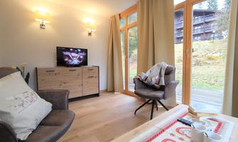 A cozy living room with a television, a comfortable armchair, and large windows. In the background, trees and an exterior view are visible.