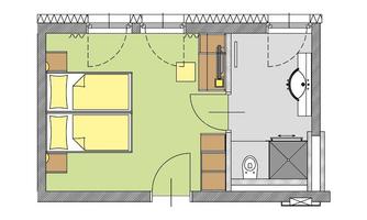 A simple floor plan drawing of an apartment. It shows two bedrooms, a bathroom, and a living area with furniture.
