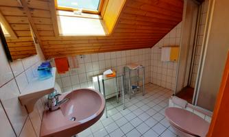 A bright bathroom with sloping wood ceilings. There is a sink, a shower, and toilets in a modern design.