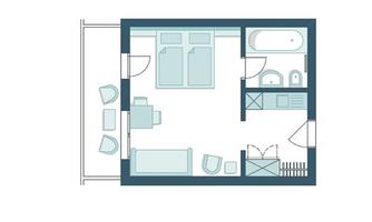 A schematic floor plan of a small room. The plan shows furniture arrangement, bathroom, and space for a seating area.