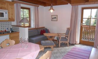 A cozy living room with wood paneling and a small kitchenette. There is a dining table and access to a balcony.