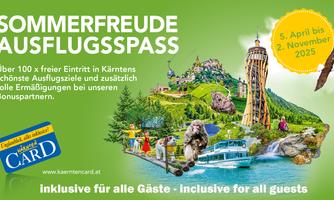 A colorful promotional flyer for the "Summer Joy Excursion Pass" in Carinthia. It offers over 100 free admissions to various excursion destinations and discounts with partners.