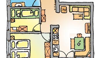 A simple floor plan drawing of an apartment with several rooms. The bedrooms, the living room, and a terrace are clearly noticeable.