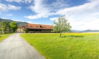 A picturesque landscape with a farmhouse and a gentle green meadow. In the background, there are mountains and a blue sky with clouds.
