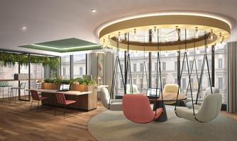 A modern office with swinging chairs and large windows. The design is bright and inviting, with plants and contemporary furnishings.