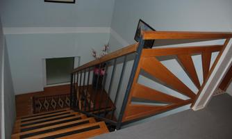 A staircase with a wooden railing in a light blue room. At the bottom, there is a carpet and a plant.