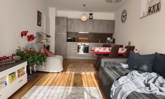 An inviting living room with a modern kitchen in the background. There is a cozy couch, a rug, and plants, creating a pleasant atmosphere.