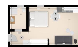 A schematic representation of a living space with a bed, a sofa, and a kitchen. The rooms are clearly defined and arranged neatly.
