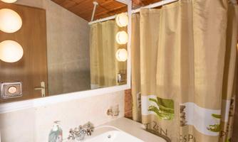 A bathroom with a sink, a mirror, and a shower cubicle. The wooden ceiling and warm colors create a cozy atmosphere.