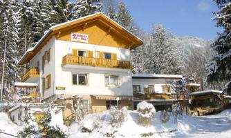 A cozy holiday home in winter, surrounded by snow-covered trees. The sun is shining and the sky is clear.