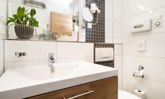 A modern bathroom with a white sink and a wooden vanity. A plant and a mirror complete the elegant design.