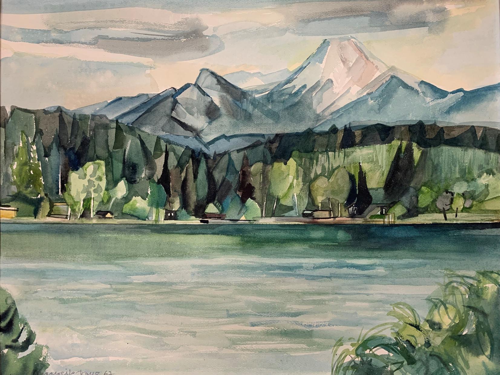 Berglandschaft mit See und Wald, Aquarellmalerei von Margit Kaus, 1967.
