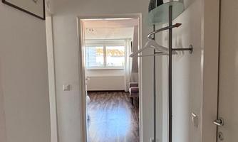 A bright hallway with a modern coat rack. The floor is made of wood and the walls are in neutral colors.