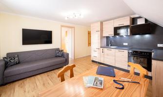 A modern living room with a gray couch and a dining table. The open kitchen is well-equipped and the space is bright and friendly.