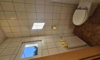 A small bathroom with white tiles and a window. On the left side, there is a toilet and rolls of toilet paper.