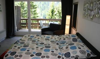 A cozy bedroom with a large bed and colorful cushions. The view leads to a balcony and a sight of the trees.