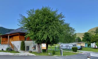 A cozy building with wooden cladding and a large tree in the foreground. In the background, caravans can be seen on a campsite, surrounded by green nature.