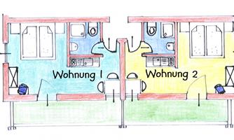 A simple representation of two apartments. Apartment 1 is colored blue, Apartment 2 is colored yellow.