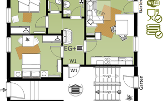 A floor plan of a vacation house with multiple bedrooms, a living area, and a kitchen. The garden is also depicted, along with symbols for TV and Wi-Fi.
