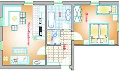 A simple floor plan drawing. The rooms include a kitchen, a bathroom, and two bedrooms.