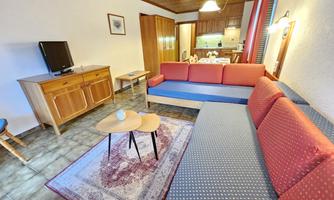 A cozy living room with red and blue sofas. In the background, a kitchenette and a television are visible.