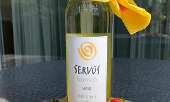 A bottle of Servus honey wine with a yellow cloth on top, surrounded by fresh strawberries. The background displays a bright and cheerful atmosphere.