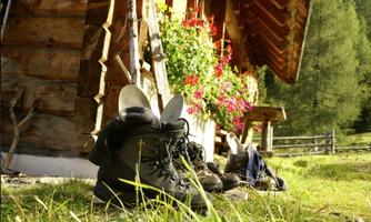 A pair of hiking shoes stands in the foreground in front of a cabin. In the background, blooming plants and a green forest can be seen.