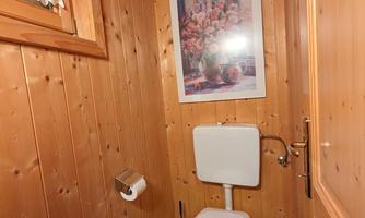A small bathroom with wood paneling. The toilet and a painting on the wall can be seen.