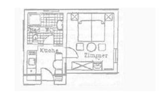 A simple floor plan drawing of an apartment with one bedroom, a kitchen, and a bathroom. The rooms are clearly delineated and labeled.