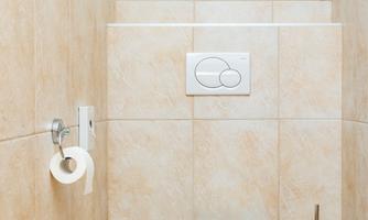 A modern bathroom with a white toilet and tiled walls. On the left side, a toilet paper holder is visible.