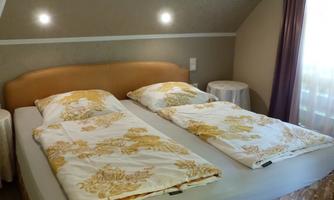 Double bed with two separate duvets under a sloped ceiling, window with curtain at the side and a small bedside table.