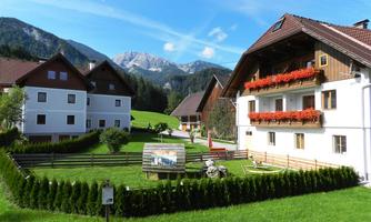A picturesque village house with colorful flower balconies and green meadows. In the background, majestic mountains and a blue sky can be seen.