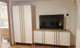 A modern living room with a television and two elegant pieces of furniture. The colors are bright and cheerful, the floor is made of wood.